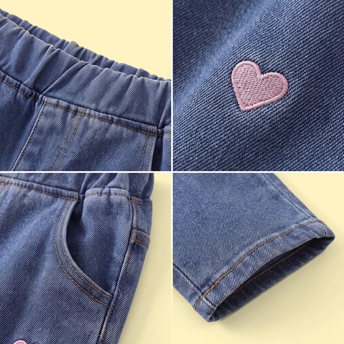 Girls Blue Heart Embroidered Denim Pants Pants