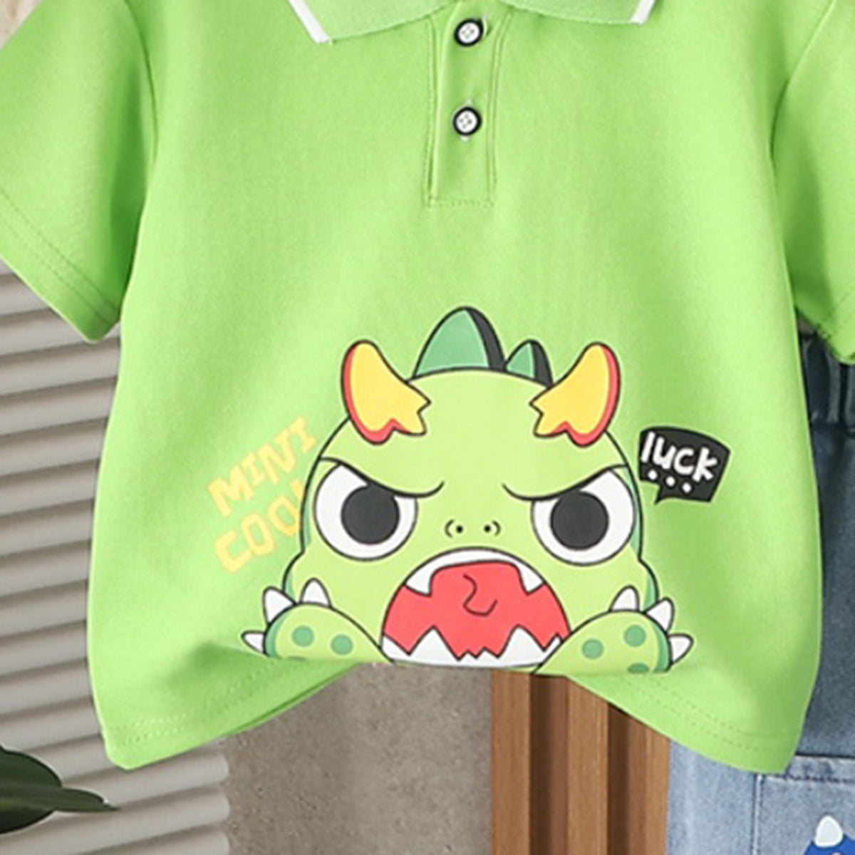 Boys Green Cartoon Graphic Polo T-Shirt With Denim Shorts Set 2 pc. Sets