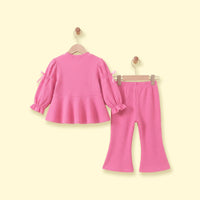 Girls Pink Ribbed Puff Sleeve Top & Flared Pants Co-ord Sets Sets