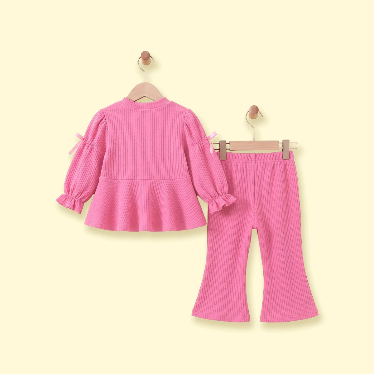 Girls Pink Ribbed Puff Sleeve Top & Flared Pants Co-ord Sets Sets