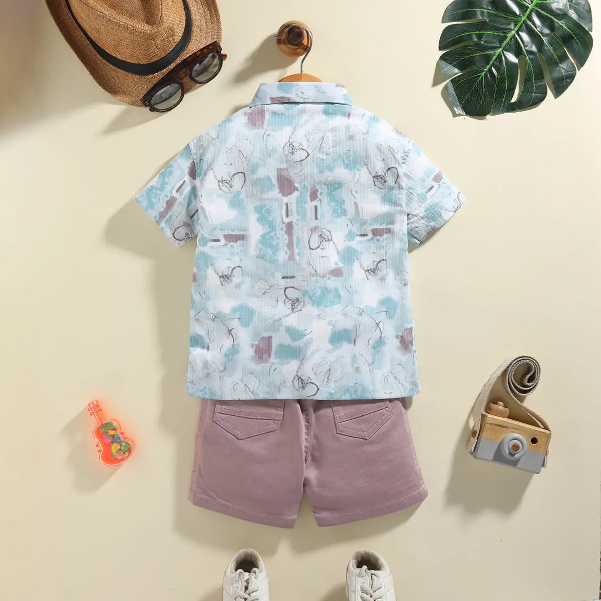 Boys Blue Abstract Printed Shirt With Shorts & T-Shirt Sets Sets