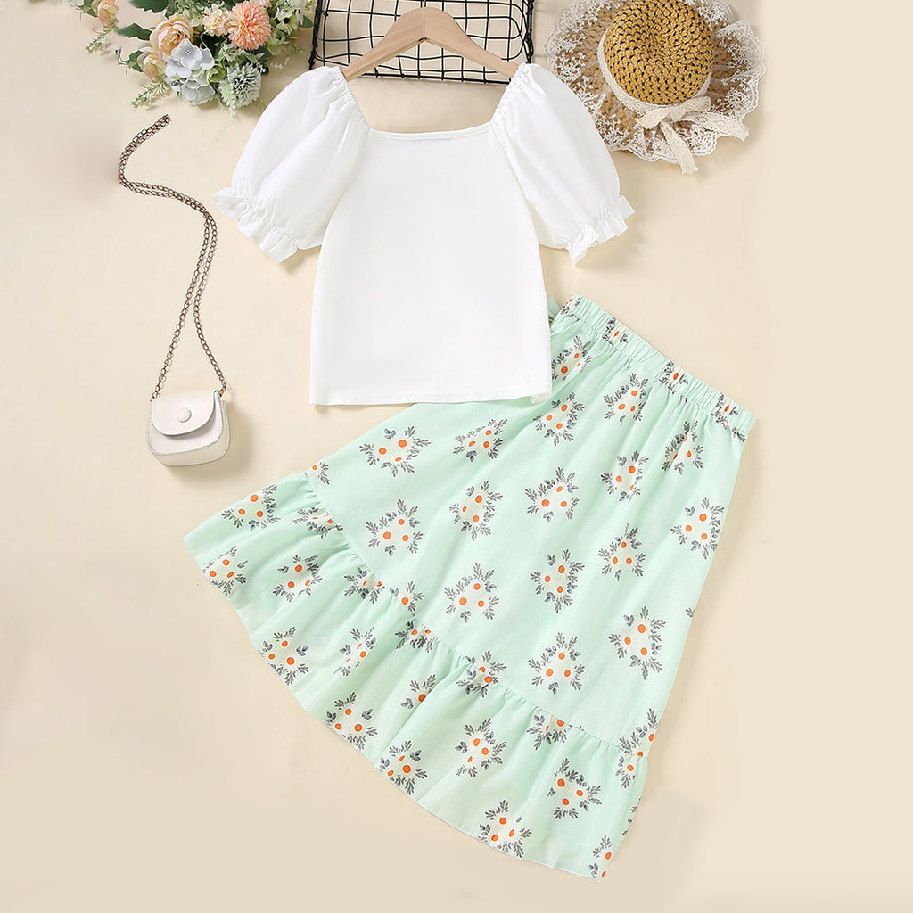 Girls White Puff Sleeve Top With Printed Asymmetric Skirt Set 2 pc. Sets