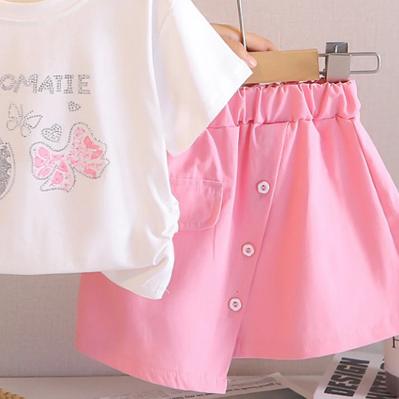 Girls White Handbag Graphic Short Sleeve T-Shirt With Asymmetric Shorts Sets 2 pc. Sets