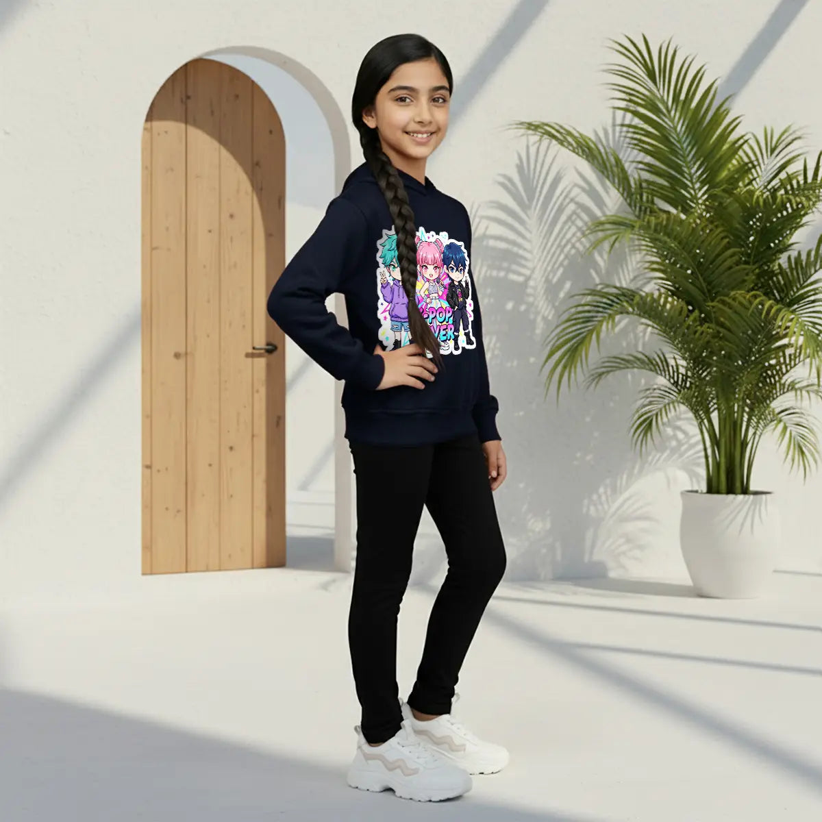 Girls Navy Blue K-Pop Fever Graphics Hoodie Sweatshirts & Hoodies