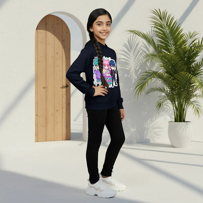 Girls Navy Blue K-Pop Fever Graphics Hoodie Sweatshirts & Hoodies