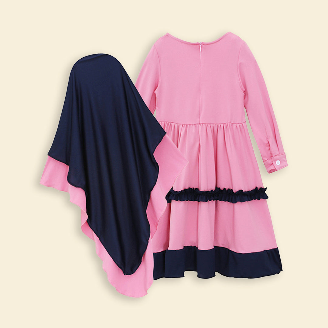 Girls Long Sleeve Contrast Bottom Dress With Head Scarf Casual Dresses   