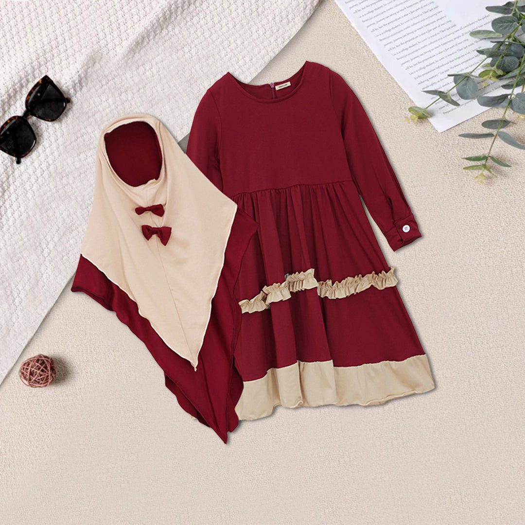 Girls Long Sleeve Contrast Bottom Dress With Head Scarf Casual Dresses   