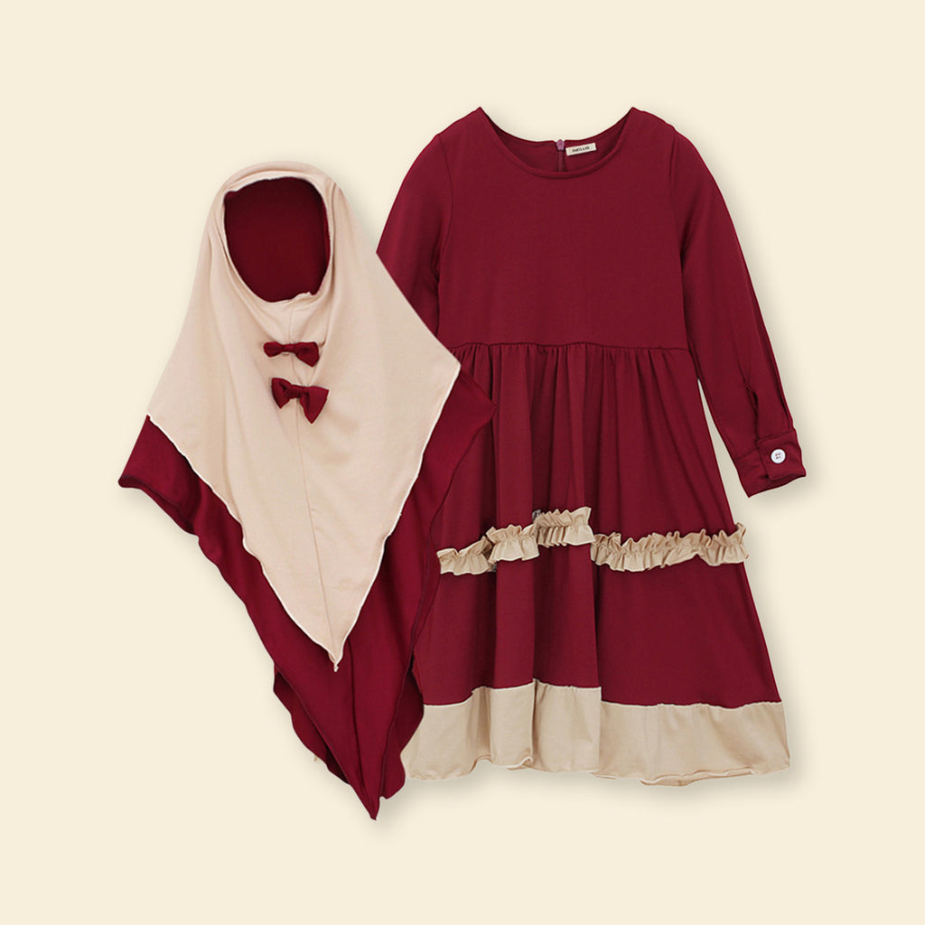Girls Long Sleeve Contrast Bottom Dress With Head Scarf Casual Dresses   