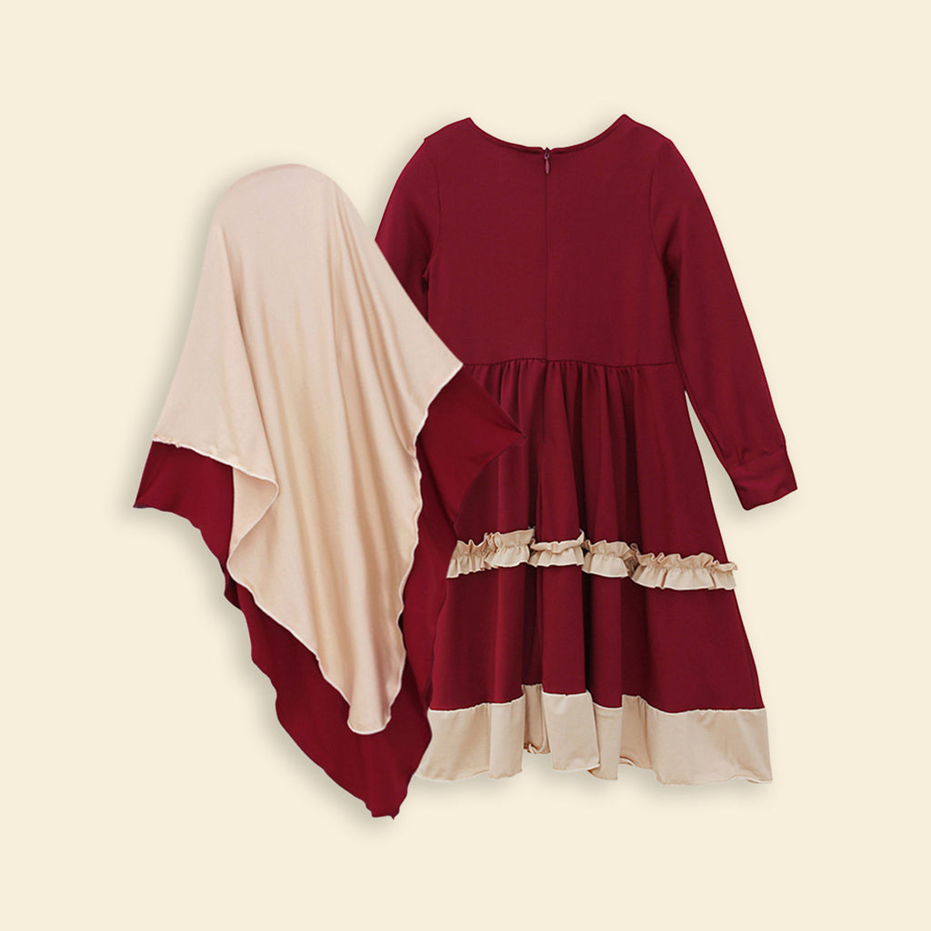 Girls Long Sleeve Contrast Bottom Dress With Head Scarf Casual Dresses   