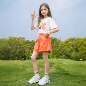 Girls Orange Floral Graphic Shorts Sets With Handbag Sets