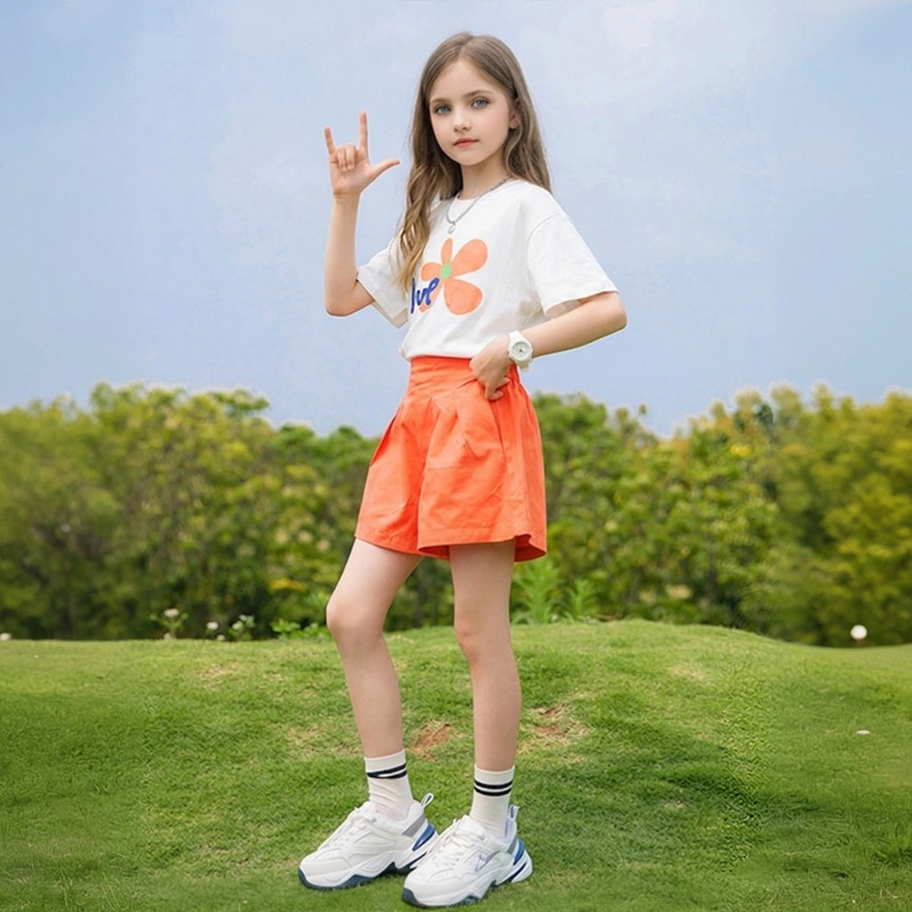 Girls Orange Floral Graphic Shorts Sets With Handbag Sets