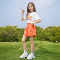 Girls Orange Floral Graphic Shorts Sets With Handbag Sets