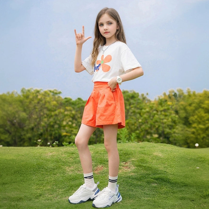 Girls Orange Floral Graphic Shorts Sets With Handbag Sets