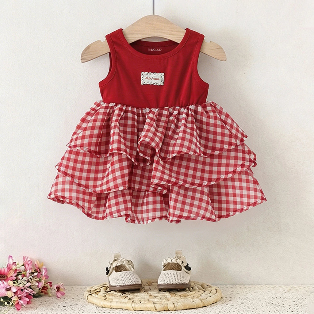Girls Red Checked Sleeveless Layered Dress Casual Dresses Red 1-2 Y
