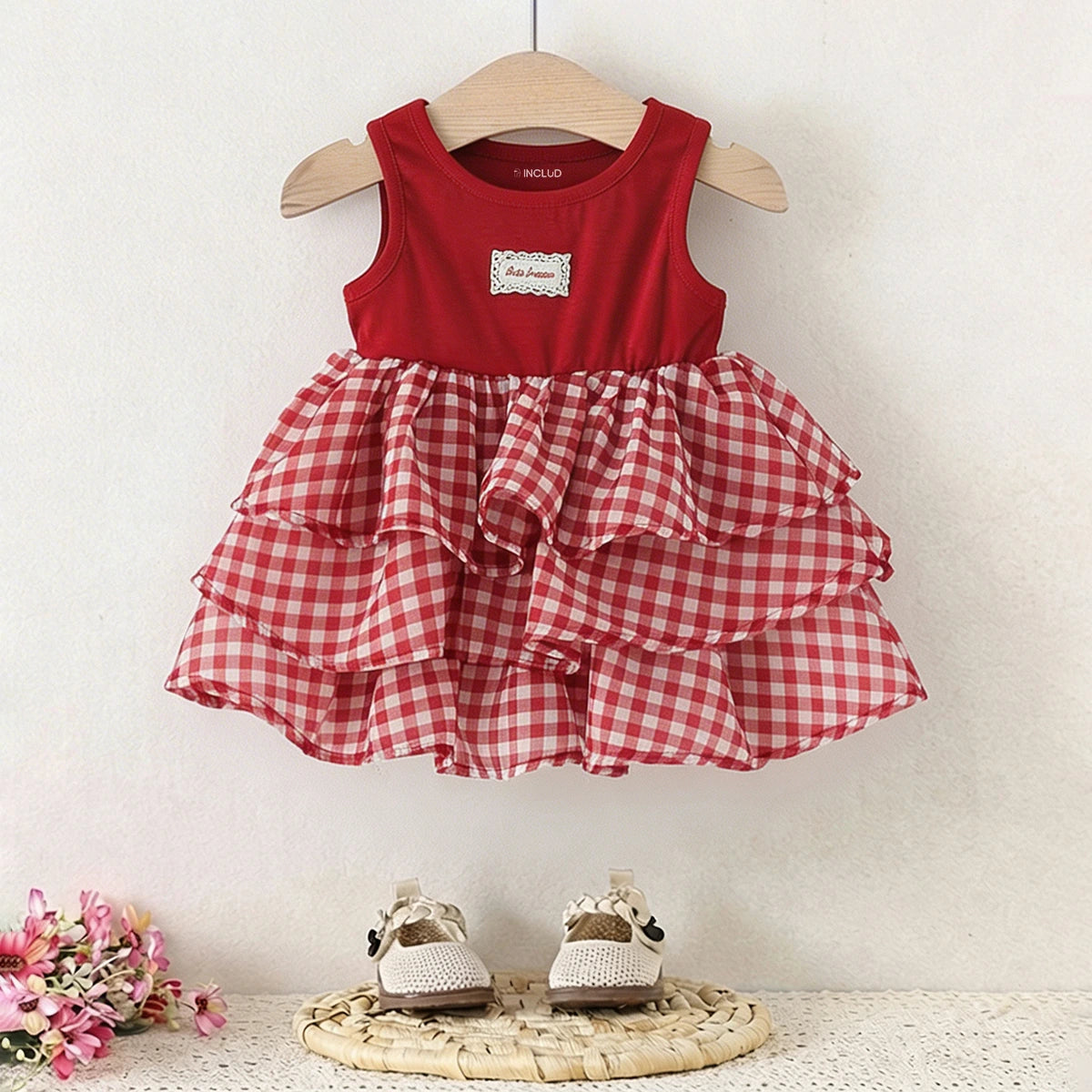 Girls Red Checked Sleeveless Layered Dress Casual Dresses Red 1-2 Y