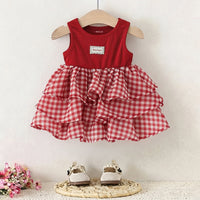 Girls Red Checked Sleeveless Layered Dress Casual Dresses Red 1-2 Y