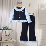 Girls Navy Blue Stripes Top With Pants Sets