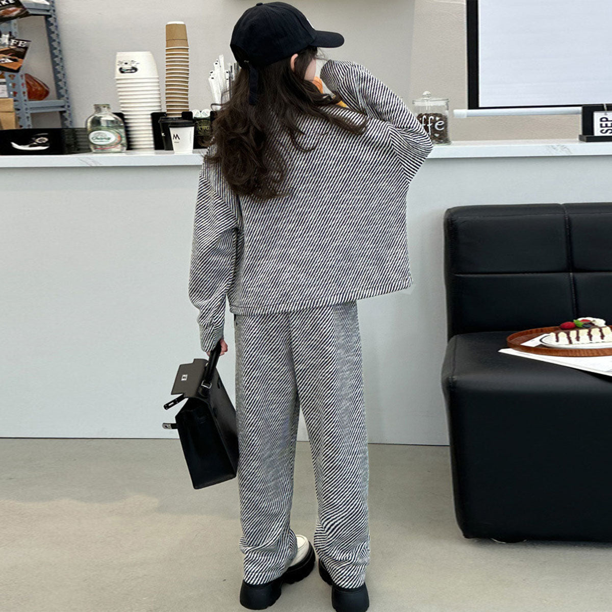 Girls Black Diagonal Stripes Front Zipper Jacket With Pants Winter Co-ord Set 2 pc. Sets