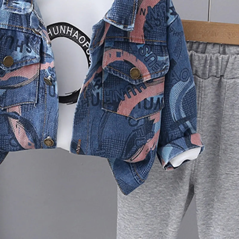 Boys Pink Abstract Printed Denim Jacket With T-Shirt & Jogger Sets Sets