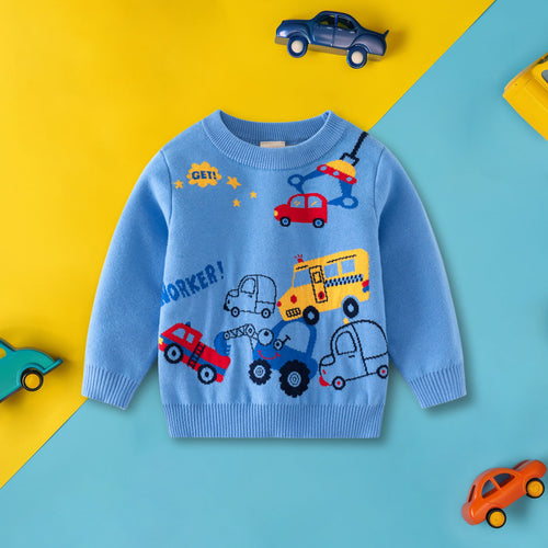 Boys Light Blue Regular Sweater With Self-Design Car Patterns Sweaters & Cardigans Light Blue 2-3 Y