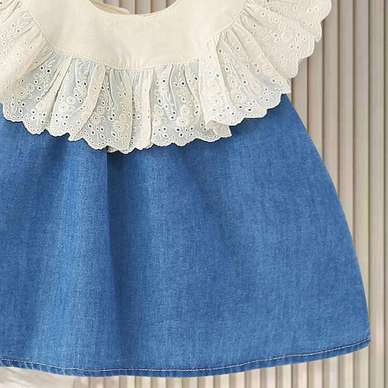 Girls Blue Eyelet Lace A-Line Dress with Ruffle Collar Casual Dresses