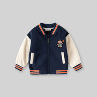 Boys Navy Blue Bear Cartoon Applique Varsity Jacket Coats & Jackets