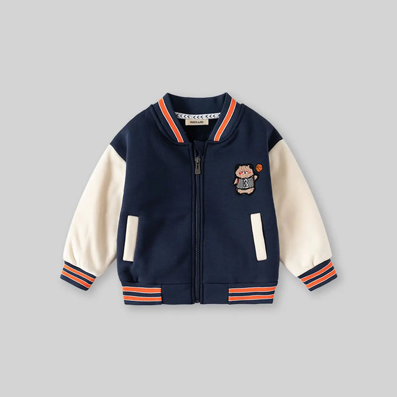 Boys Navy Blue Bear Cartoon Applique Varsity Jacket Coats & Jackets