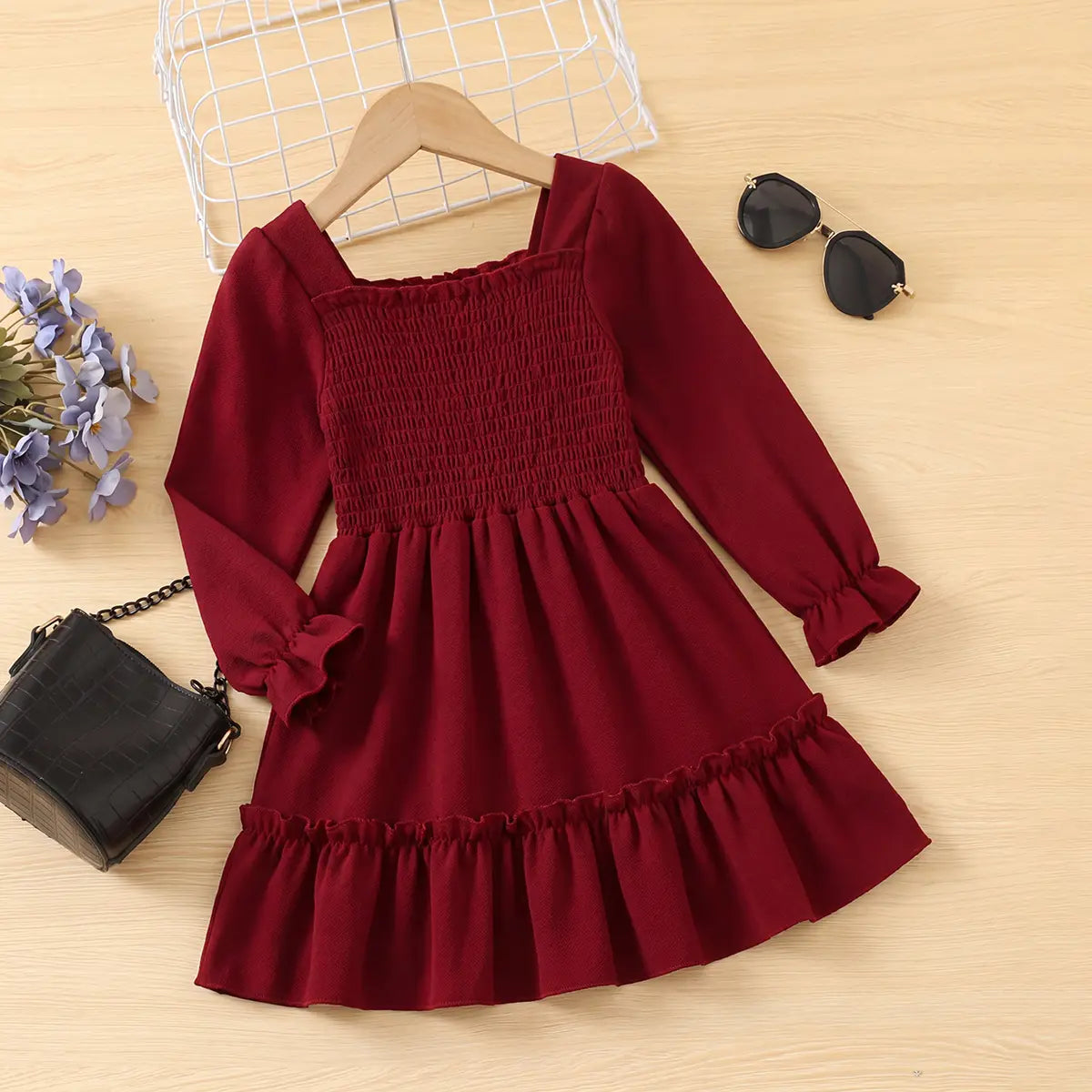 Girls Maroon Smocked Yoke Puff Sleeve High-Low Dress Casual Dresses