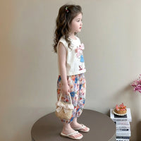 Girls Off White Sleeveless Graphic Top With Floral Pants Sets Sets