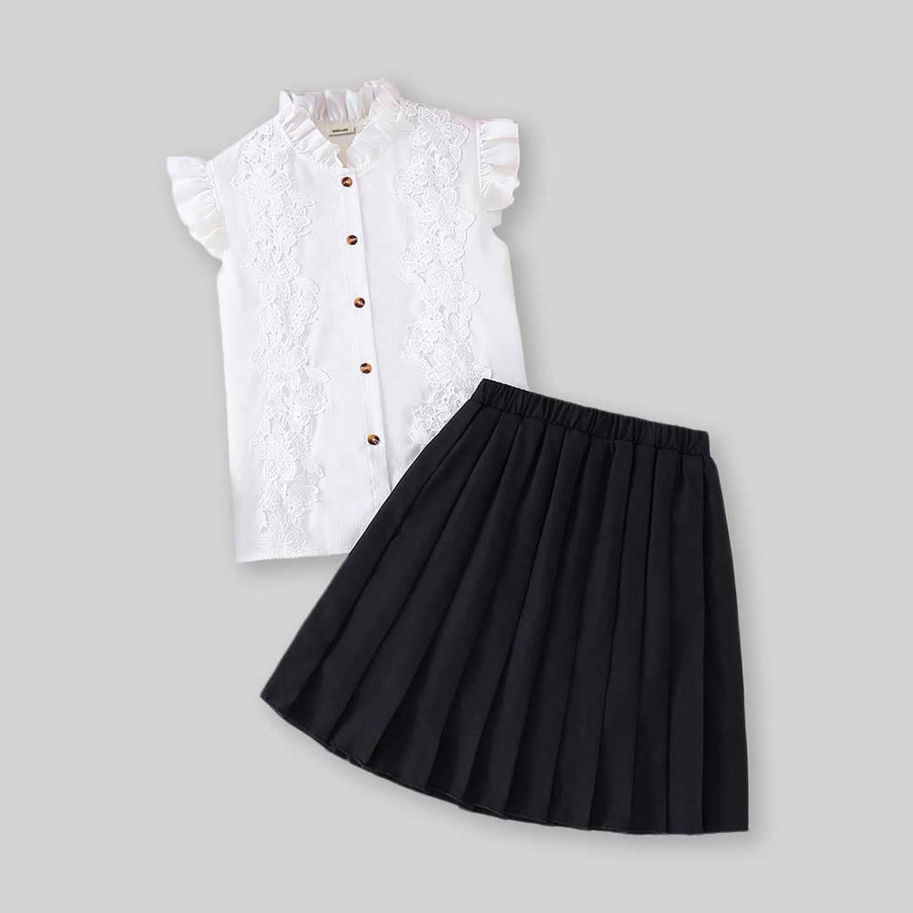Girls Lace Shirt with Pleated Skirt Set Sets   