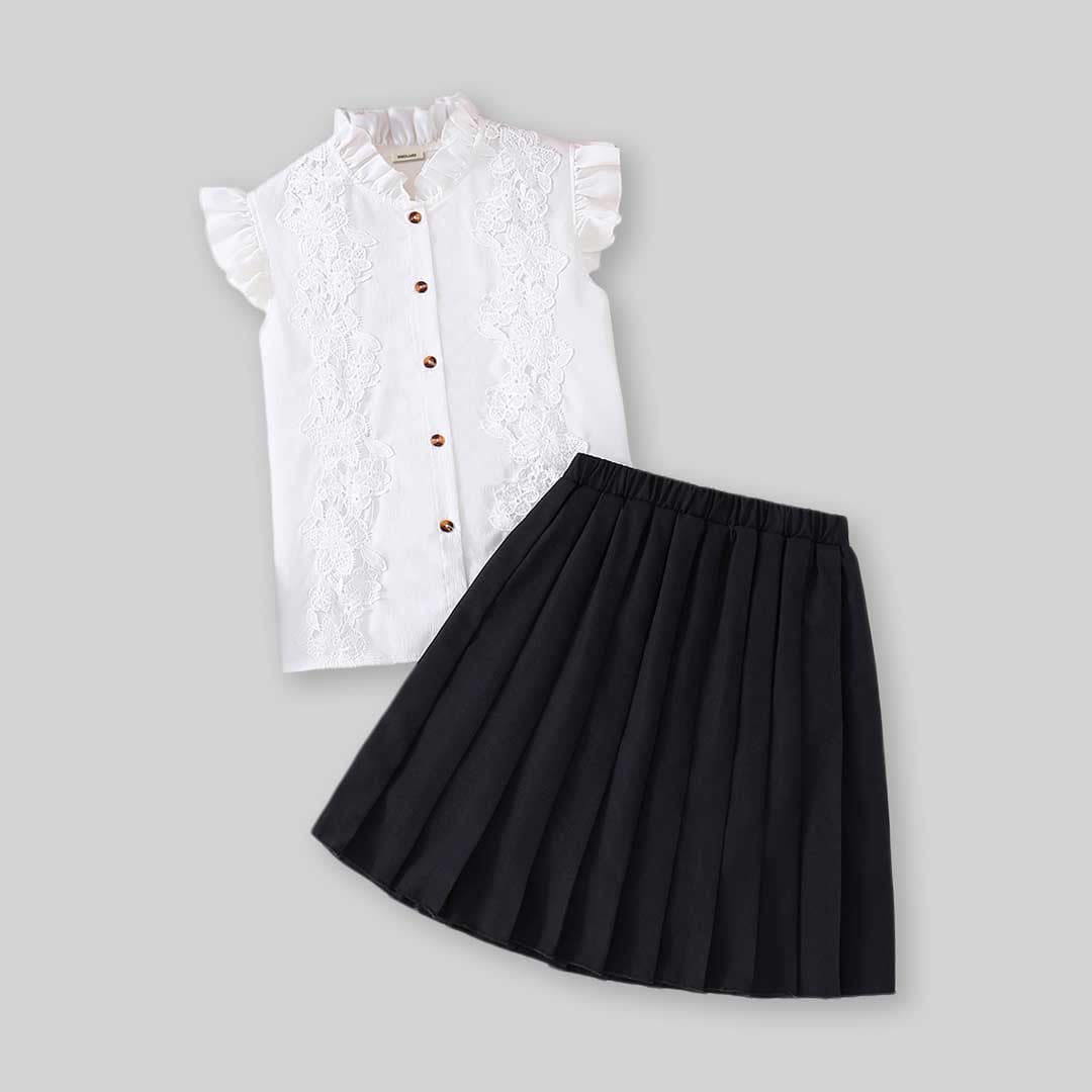 Girls Lace Shirt with Pleated Skirt Set Sets   