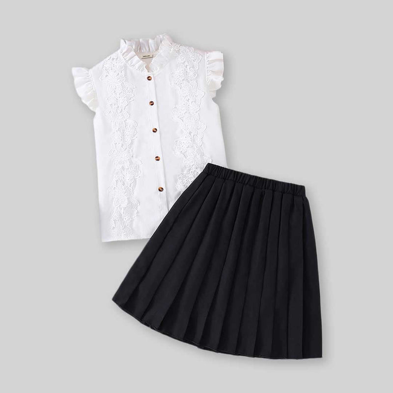 Girls Lace Shirt with Pleated Skirt Set Sets   