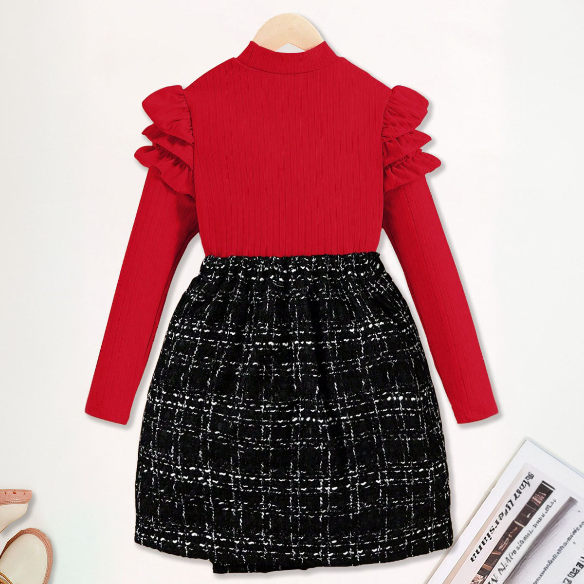Girls Red Self-Design Stripe Top With Textured Skirt Set 2 pc. Sets