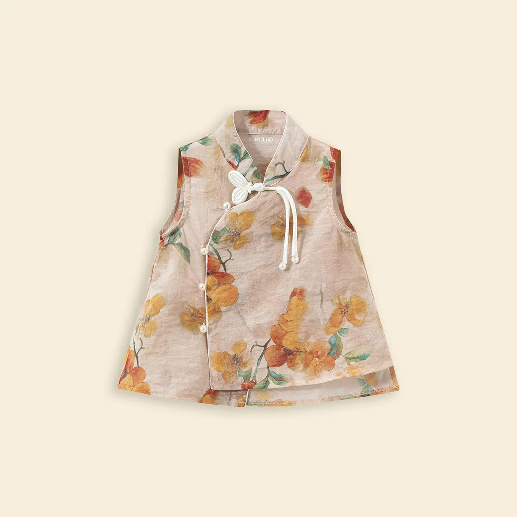Girls Beige Floral Print Sleeveless Top With Pants Set Sets