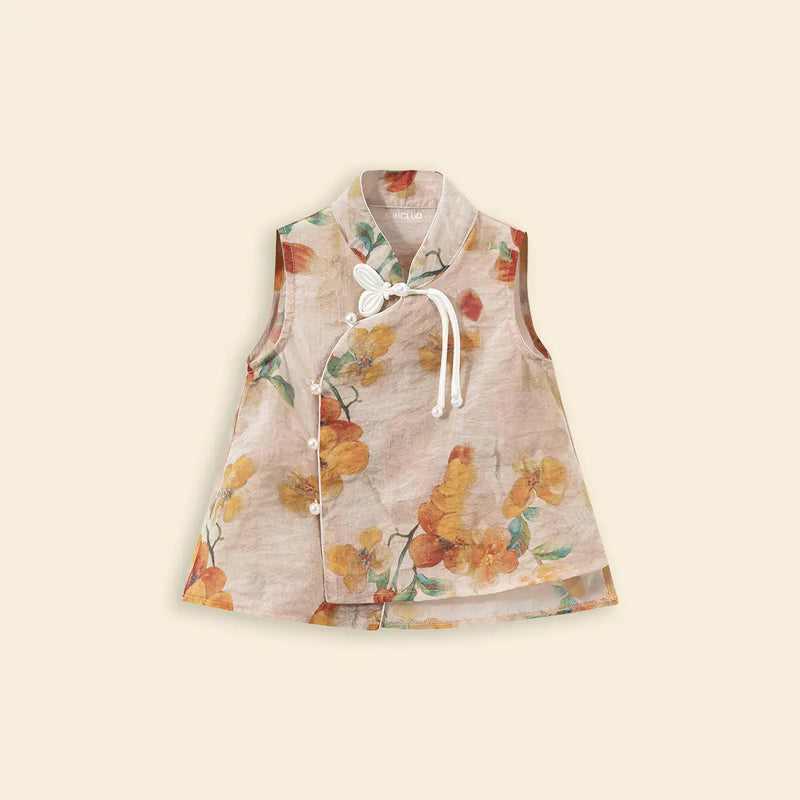 Girls Beige Floral Print Sleeveless Top With Pants Set Sets