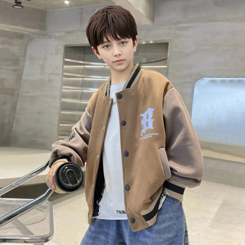 Boys Khaki Letter R Printed Long Sleeves Varsity Jacket Coats & Jackets