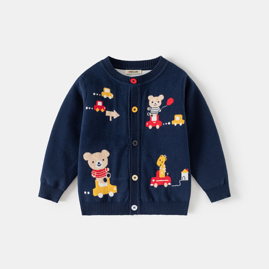 Boys Navy Blue Cardigan With Self-design Teddy Patterns Sweaters & Cardigans