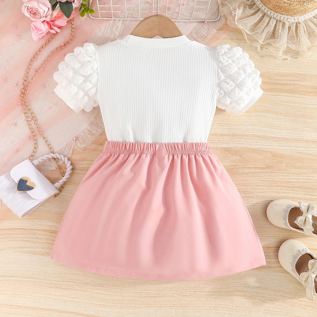 Girls White Applique Applique Top With Pleated Skirt Sets Sets