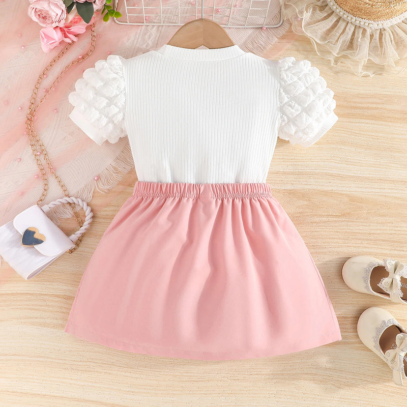 Girls White Applique Applique Top With Pleated Skirt Sets Sets