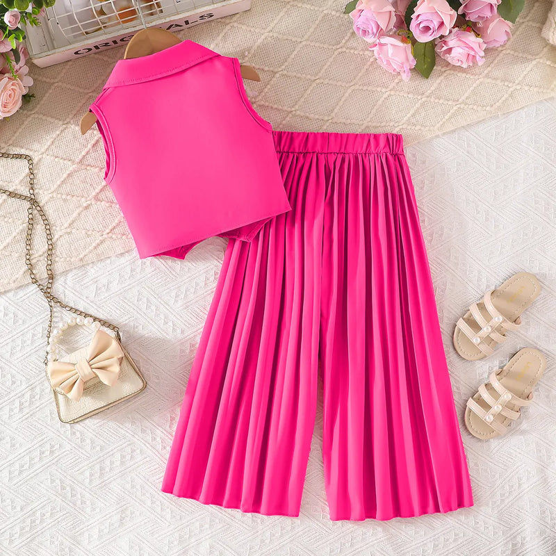 Girls Fuchsia Sleeveless Blazer Top With Pleated Flared Pant Co-ord Sets Sets