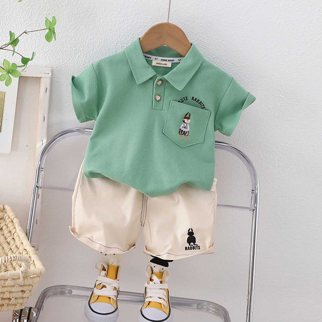 Boys Cute Rabbit Embroidery Polo T-Shirt With Shorts Set