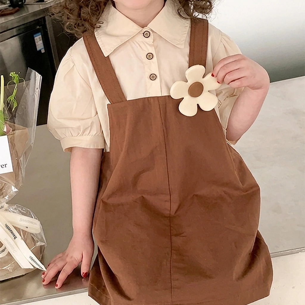 Girls Brown Applique Flower Applique Short Sleeve Pinafore Dress Casual Dresses