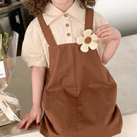 Girls Brown Applique Flower Applique Short Sleeve Pinafore Dress Casual Dresses