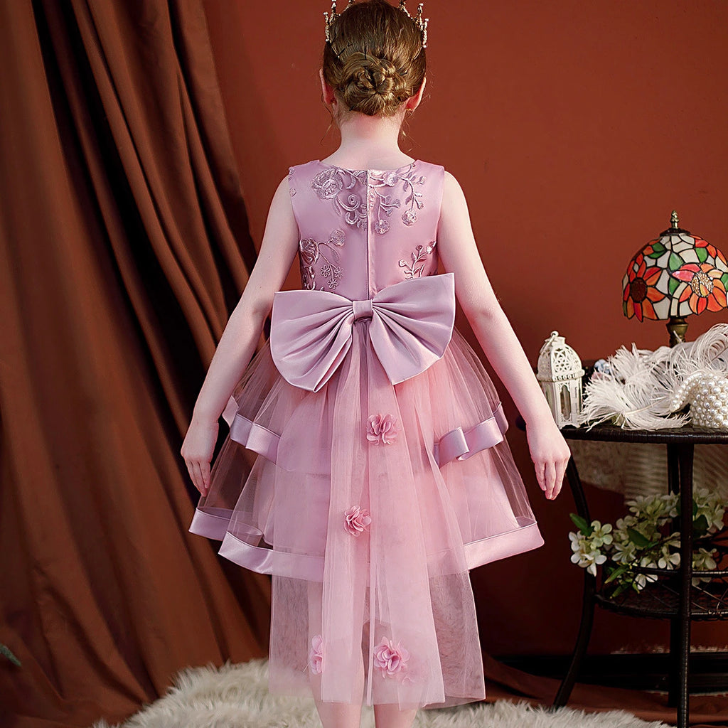 Girls Pink Embroidered Sleeveless Layered Party Dress With Bow Party Dresses