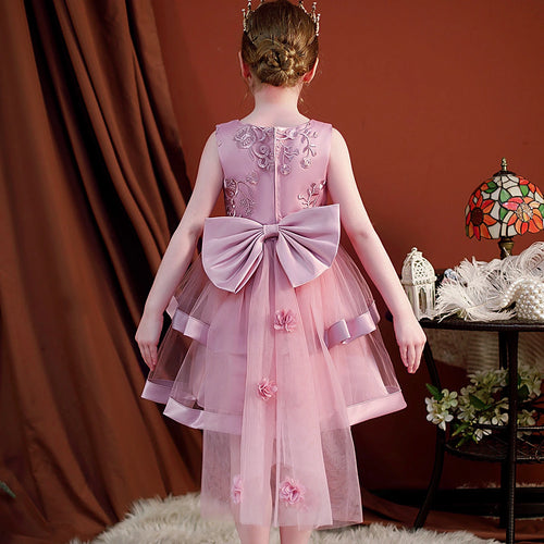 Girls Pink Embroidered Sleeveless Layered Party Dress With Bow Party Dresses