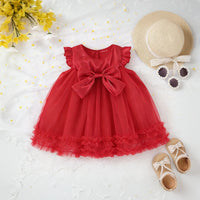 Girls Red Ruffled Tulle Overlay Fit & Flare Dress With Bow Detail Casual Dresses Red 1-2 Y