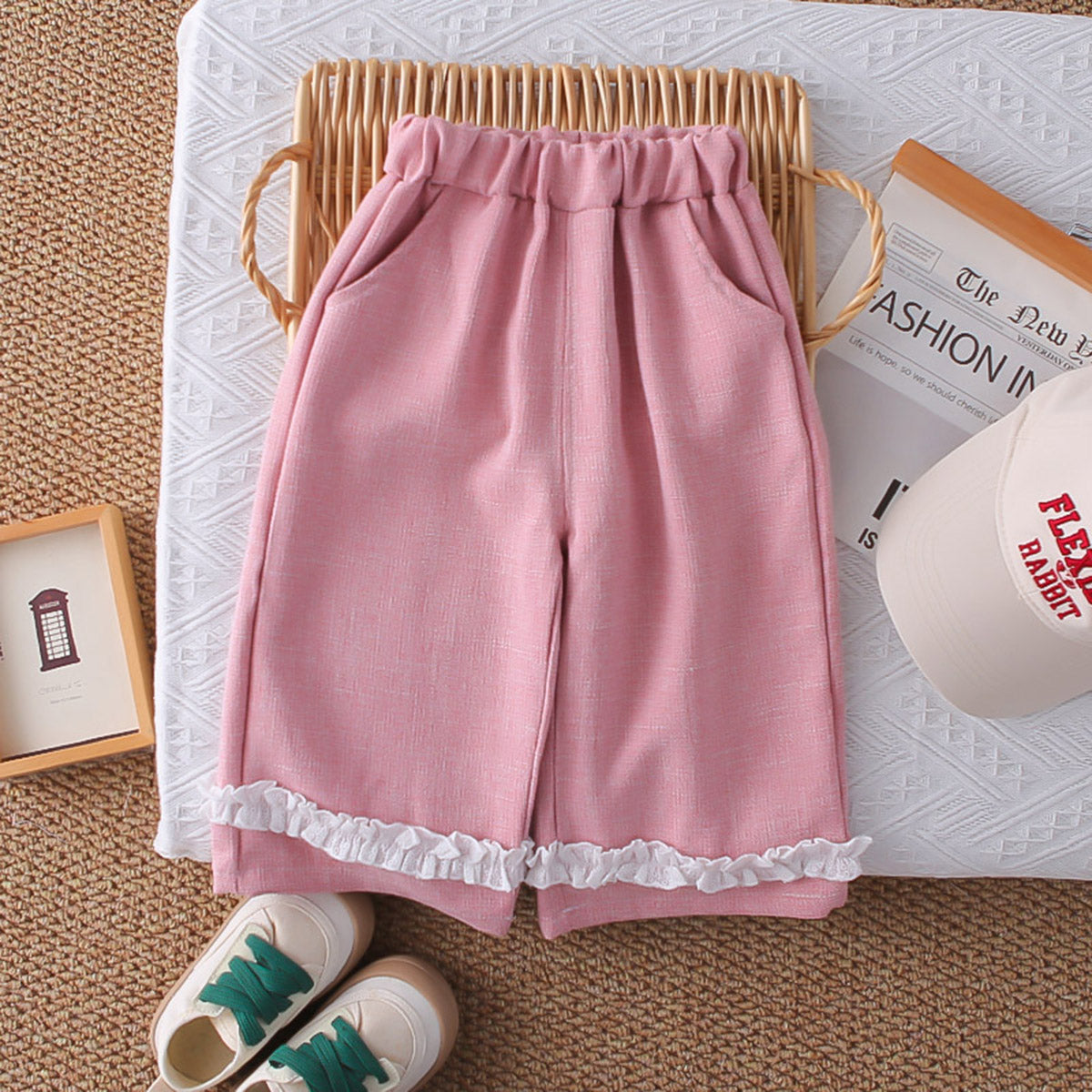 Girls Pink Textured Sleeveless Jacket With Top & Pants Set Sets