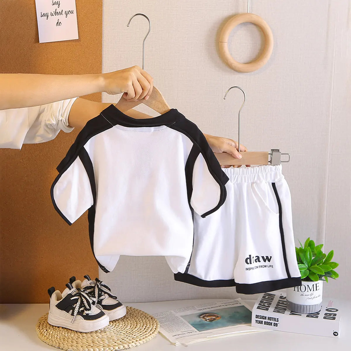 Boys White Typographic Printed Polo T-Shirt With Shorts Co-ord Sets Sets