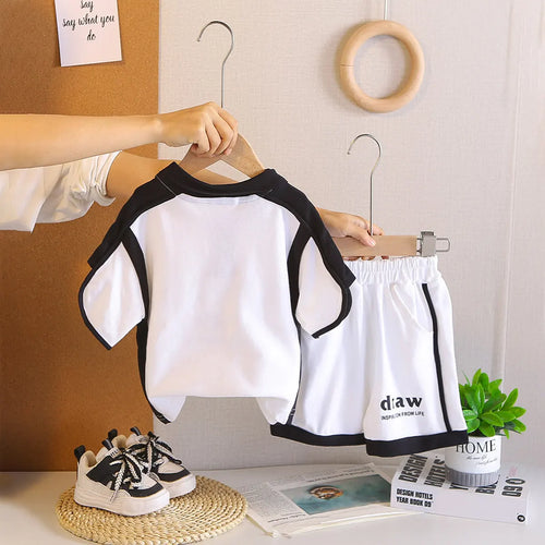 Boys White Typographic Printed Polo T-Shirt With Shorts Co-ord Sets Sets