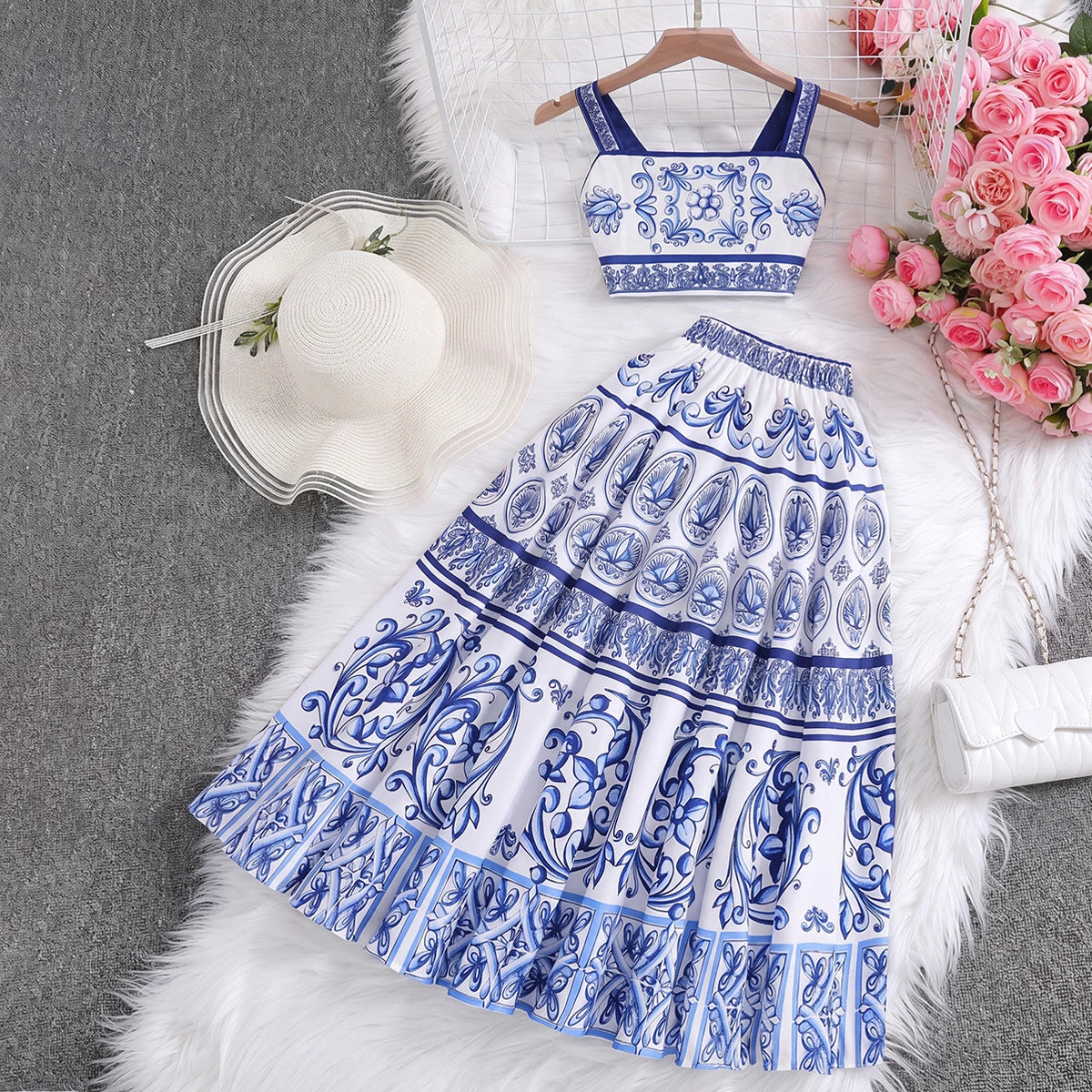 Girls Blue Ethnic Print Sleeveless Top With Skirt Sets 2 pc. Sets Blue 7-8 Y
